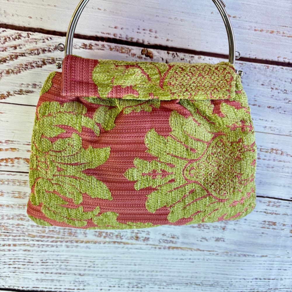 Vintage Kiss-Lock Purse S Pink Green Chenille Damask Rhinestone Bow Coquette Bag - Picture 8 of 13
